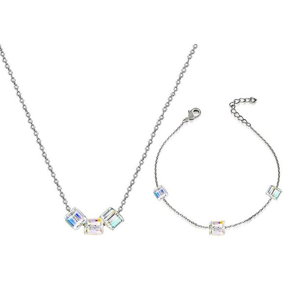 

2021 summer jewelry original crystals from cube beads necklaces bracelets set for women colorful chain jewelry sets, Silver