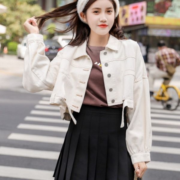 

autumn short female jacket long sleeve women's denim jacket casual korean loose jean jackets female red yellow white coat women t200319, Black;brown