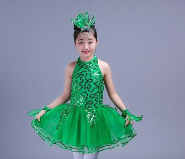 

children latin grass performance clothing green puffy princess dress girls jasmine chorus suit modern dance ballet dress, Black;red