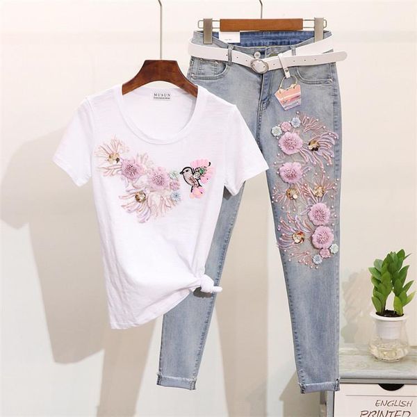 

embroidery flower bird t-shirt jeans white tshirt short sleeve pencil denim pants women two piece set 2pcs1