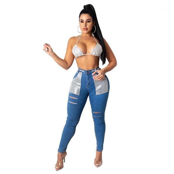 

womens casual drill hole stretch jeans1, Blue