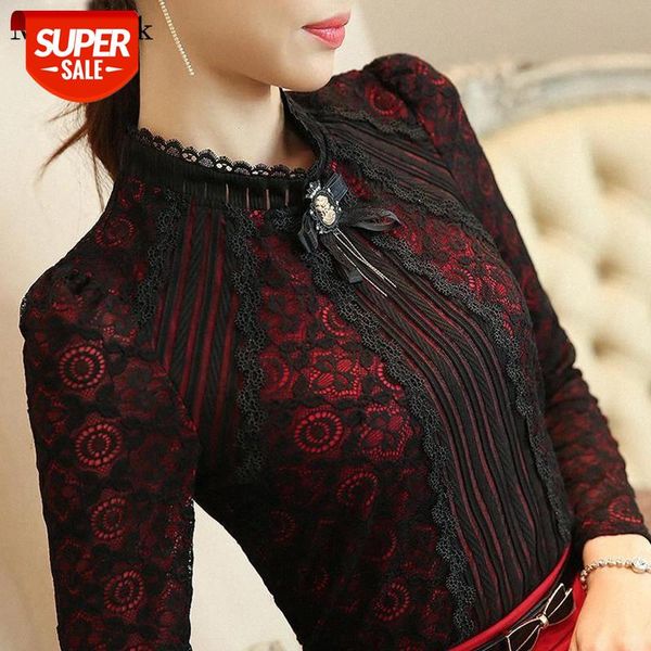 

spring autumn long sleeve women blouse shirt slim lace floral lace shirt blouses stand collar plus size office ladies 801g #jn0j, White