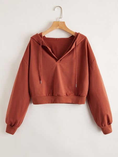 

drop shoulder drawstring crop hoodie 18vc#, White;black