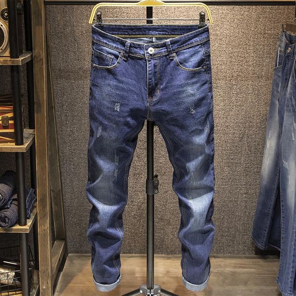 

men's jeans spring men skinny solid color washed retro distressed bleached slim denim casual penicl pants male fashion, Blue