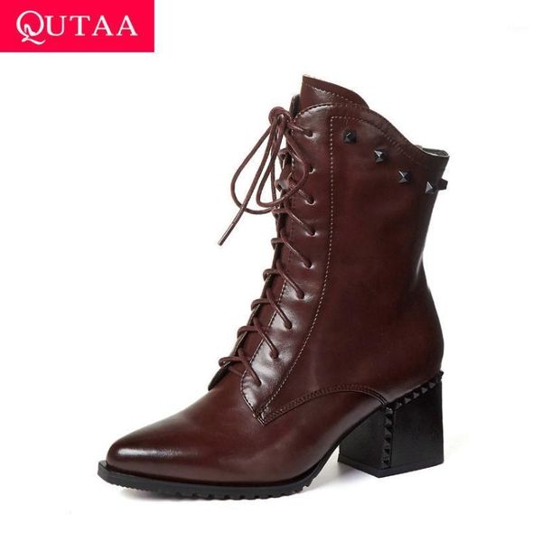 

qutaa 2021 rivet autumn winter ankle boots square high heel lace up women shoes pointed toe cow leather ladies pumps size 34-421, Black