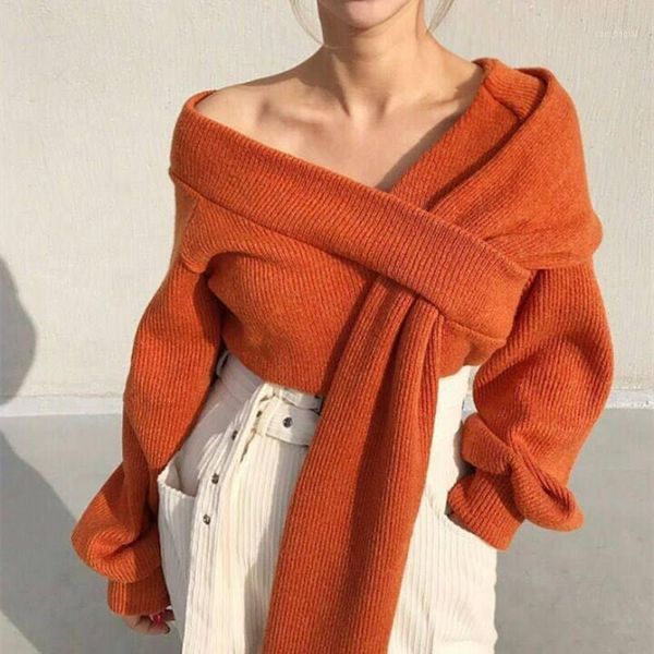 

elegant off shoulder pullover sweater women solid irregular knitted jumpers female lantern sleeve pullovers1, White;black