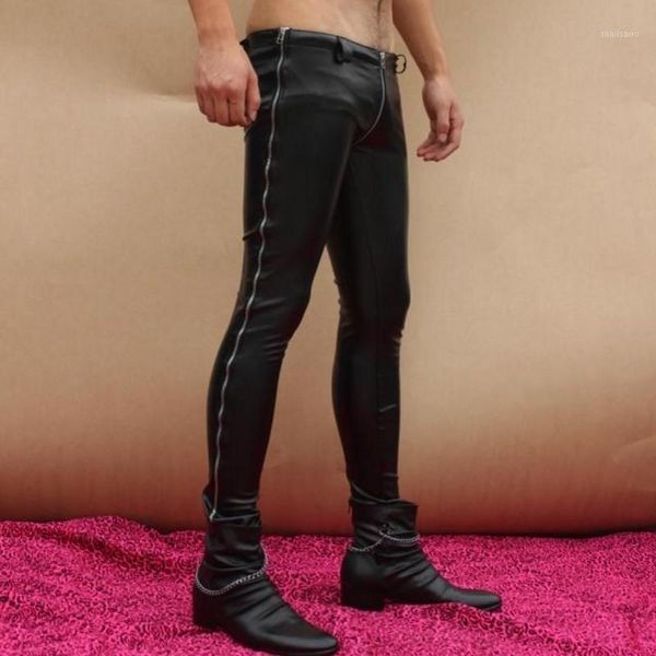 

men full length zippers skinny pencil new designer pu leather punk zip low waist pants big size trousers1, Black