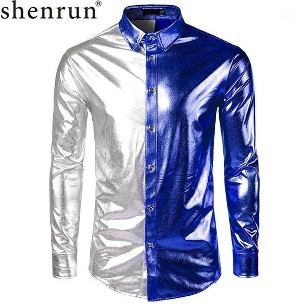

shenrun men shirt long sleeve fashion glossy splicing stamping shirts nightclub party prom singer host stage costume ball1, White;black