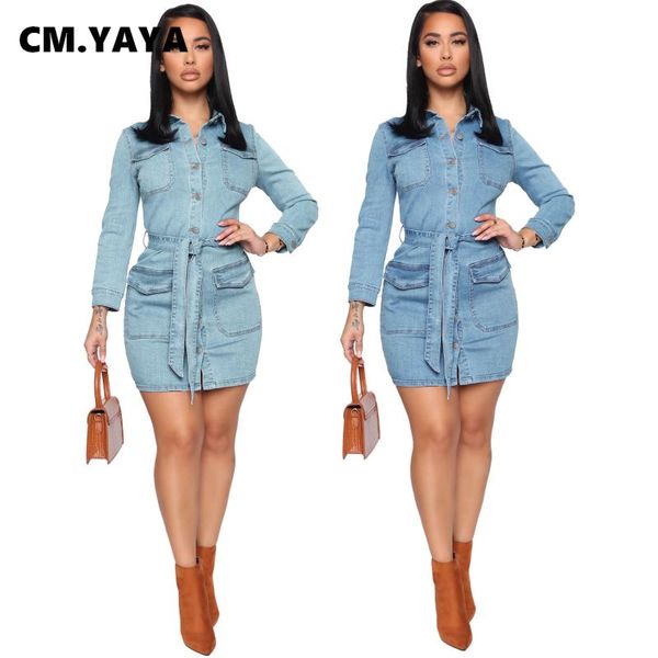 

cm.yaya women with sashes button up long sleeve denim bodycon midi dress elegant pencil dresses 2021 sping winter, Black;gray