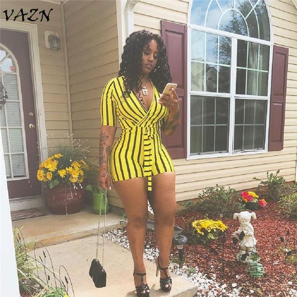 

slim temperate fashion casual women clothes playsuit striped v-neck half sleeve bodycon romper m1161, Black;white