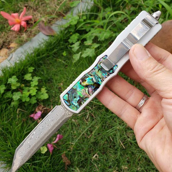 Coltello tattico automatico Damasco di alta qualità di alta qualità VG10 Lama Tanto Point in acciaio damasco a bordo singolo 6061-T6 con manico in conchiglia di abalone con guaina in nylon