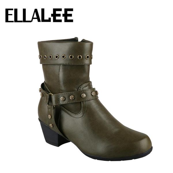

western boots women 2020 new style pu middle heel green black ankle boot ladies pointed toe belt buckle rivet punk martin boots