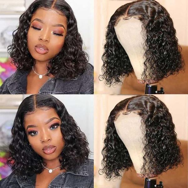 

lace wigs bob wig water wave curly front 180% brazilian human hair wet and wavy part hd transparent, Black;brown