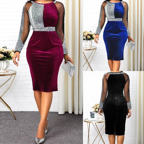 

40# elegant dress women sparkling mesh round neck dress zipper party dress formal bodycon vestidos robe de noche, Black;gray