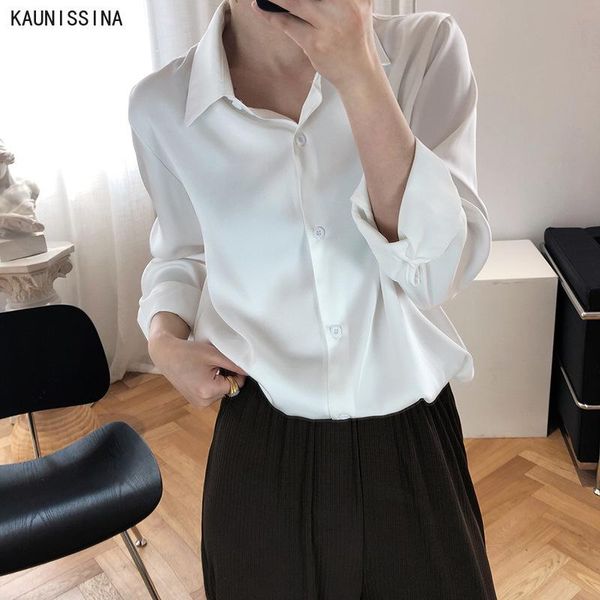 

women's blouses & shirts women and office lady satin single-breasted casual long sleeve buttons female white shirt