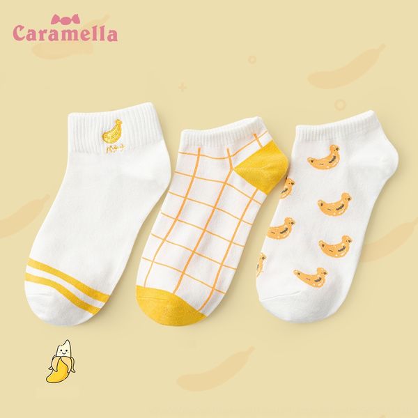 

caramella spring and summer boat invisible new 3 pairs cartoon female banana boat socks children's shallow invisible socks d53th, Black