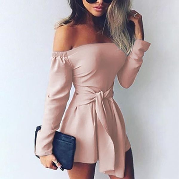 

rompers womens jumpsuit 2021 autumn playsuits off shoulder slah neck casual bodysuit solid long sleeve plus size overalls, Black;white