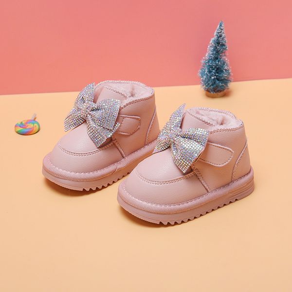 

girls plush 12-15.5cm thicker children kids snow warm with winter shoes bling rhinestone bow knot solid pure toddler boots, Black;red