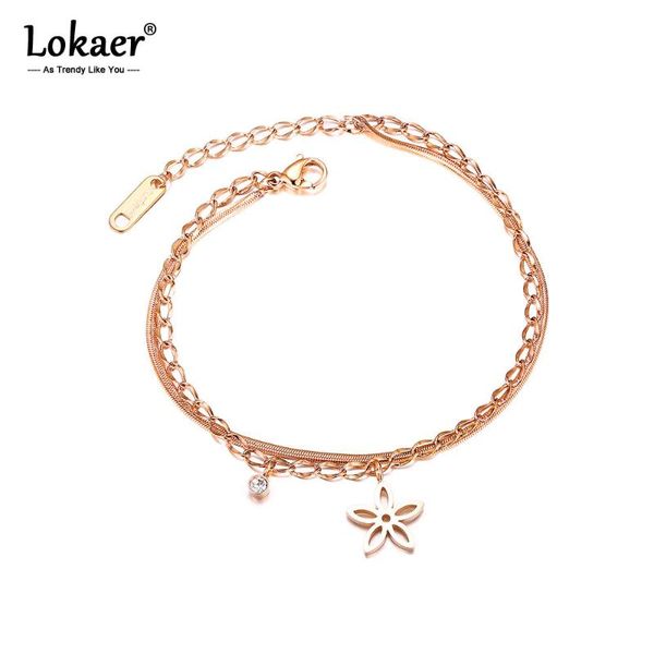 

lokaer titanium steel rose gold chain & link bracelet double layer hollow flower decoration fashion charm bracelets b17080, Golden;silver