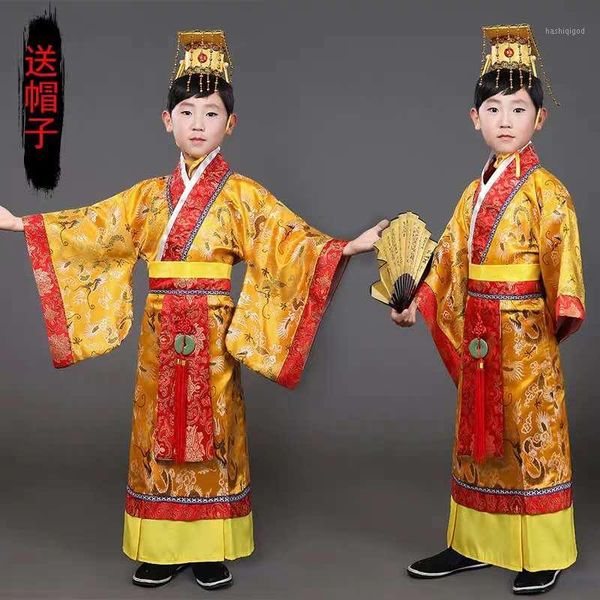

child chinese traditional hanfu dress men boys emperor king stage red clothing children costumes tang suit kids robe+hat sets1, Black;red