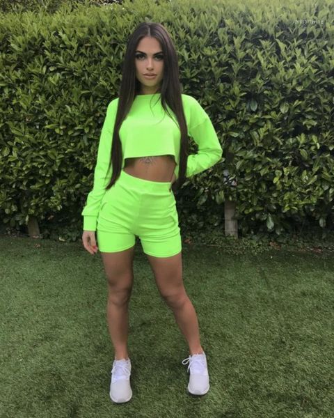 

2020 women 2pcs summer clothes set long sleeve crop +high waist shorts two piece sports running set lady casual outfits1, White