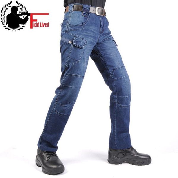 

jeans men 2020 cargo elastic waist jean pants clearance tactical denim multi pocket male trouser cargo jeans men q0105, Black;white
