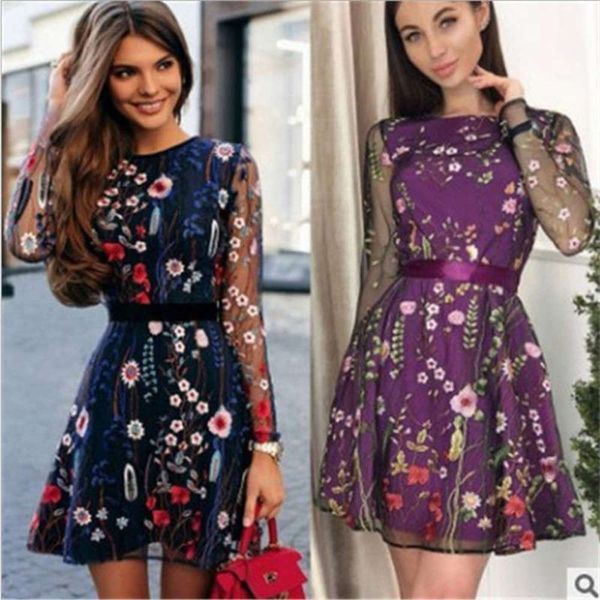

floral embroidery transparent mesh women's summer bohemian mini dress, Black;gray
