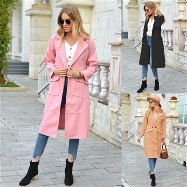 

coat fashion trend long sleeve cardigan lapel woolen outerwear designer female winter new double buckle casual long coats ladies wool blends, Black