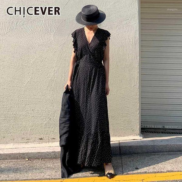 

chicever elegant dot dress for women v neck butterfly sleeveless high waist oversize maxi dresses female summer new clothes 20201, Black;gray