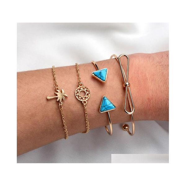 

s1002 fashion jewelry vintage bracelet set triangle turquoise bowknot hollowed circle coconut palm sqcrld new_dhbest, Golden;silver