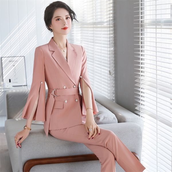 

new spring and autumn women pants suits elegant solid color women's blazer jacket casual trousers office suit 201030, White