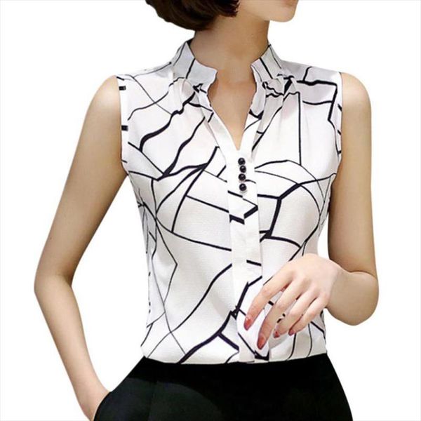 

efinny summer women casual sleeveless v neck fashion women blouse shirt chiffon print blouses ladies blusas, White