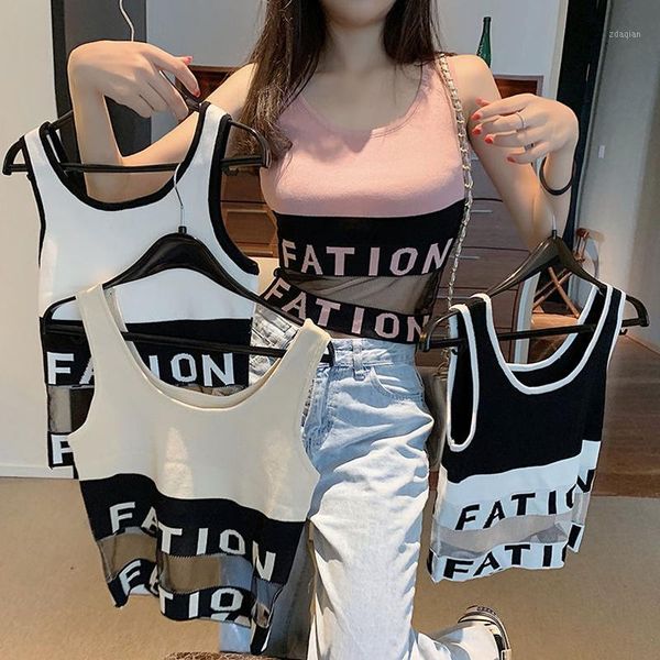 

women's tanks & camis summer women sleeveless tank letter mesh casual patchwork knitted slim 1, White