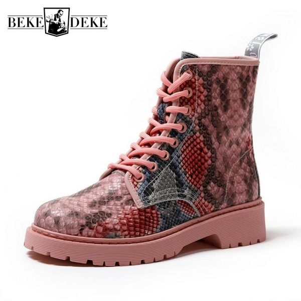 

boots england style pink ankle women spring summer lace up snake printed high-platform warm snow booties footwear1, Black