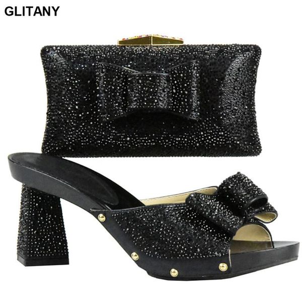 

latets slip on black color matching shoes and bag set decorated with rhinestone african shoe and bag set to match for parties