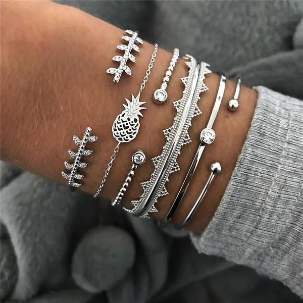 

woozu 6pcs/set bohemian silver color pineapple crystal opal open bracelet set for women punk boho beach bangle jewelry gift, Black