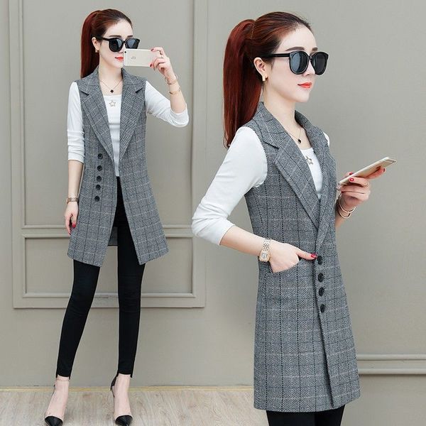 

2021 new autumn women's clothing long plaid temperament sleeveless jacket wool blazer plus size 4xl y208 axo7, Black;white