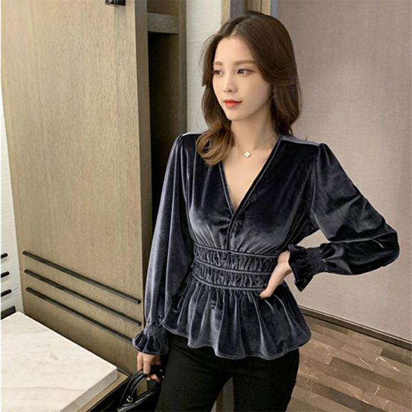 

women spring autumn style velvet blouses shirts lady casual long sleeve v-neck blusas df3176, White
