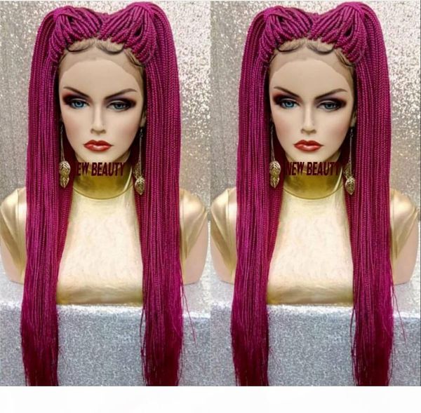 

2019 new pink red braided wigs with baby hair long box braids wigs glueless synthetic lace front wigs for black women heat resistant