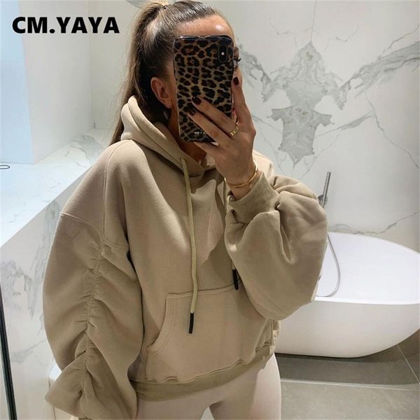 

cm.yaya autumn winter brushed women hoodies solid casual full sleeve pullovers fleece women's sweatshirts 201216, Black