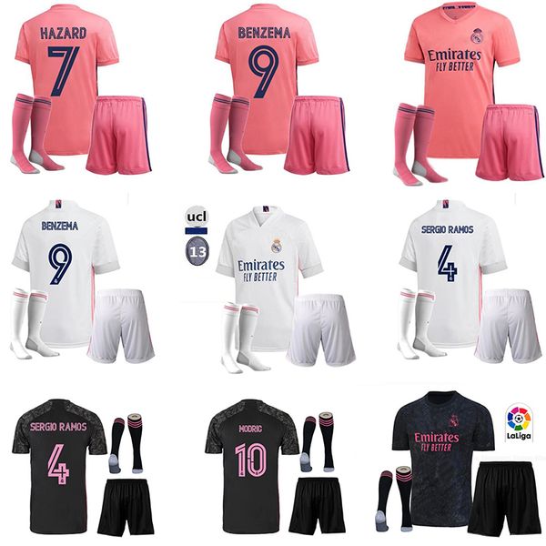

new real madrid soccer jersey 20 21 hazard sergio ramos benzema vinicius 2020 2021 camiseta football shirt uniforms adult+ kids kit socks, Black
