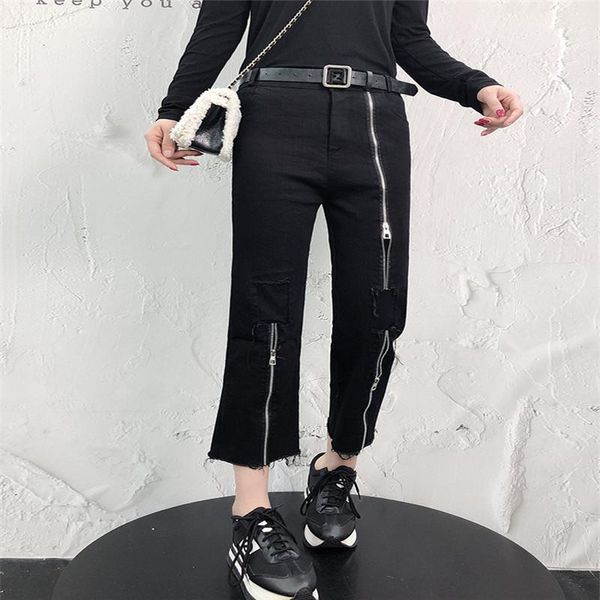 

ripped jeans for women black high waist jeans new korean slim zipper straight pants nine-point pants woman, Blue