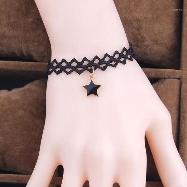 

women's gothic vintage star pendant hollow lace charm bracelet bangle gift1, Black