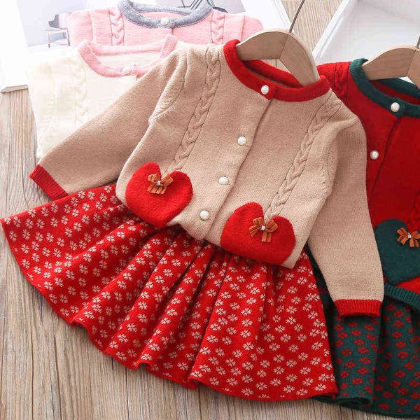 

baby girls winter clothes 2022 knitted love sweater t-shirt with flower skirt two-piece 1-5 years autumn kids girl clothing set g0119, White