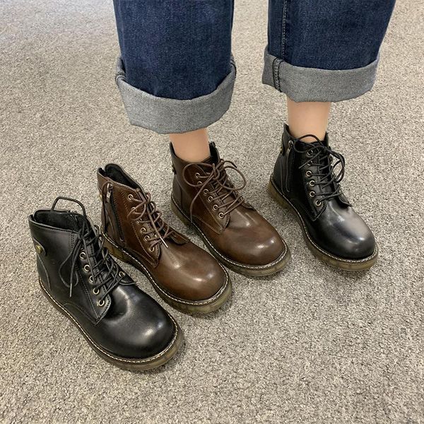 

сапоги женские новые 2021 круглые носки женские туфли кружевы роскоши дизайнерские женские резиновые езда мода осень низкая лодыжка рок pu, Black