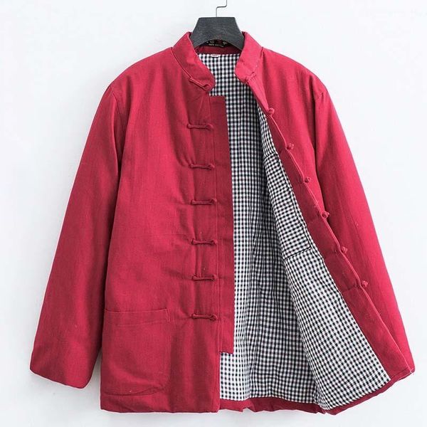 

6 colors winter chinese style traditional men cardigan cotton jackets hanfu tang suit coat retro casual warm qipao, Red