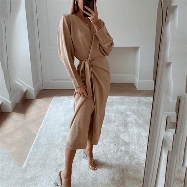 

2020 autumn winter women knitted dress elegant casual v neck long sleeve midi cardigan solid loose split side sweaters dresses, White;black