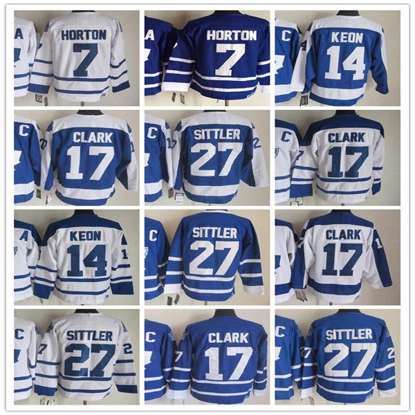 Uomo Vintage Toronto Hockey CCM Retro Maglie 17 Wendel Clark 27 Darryl Sittler 14 Dave Keon 7 Tim Horton 1 Johnny Bower Cucito Blu Bianco Alternato