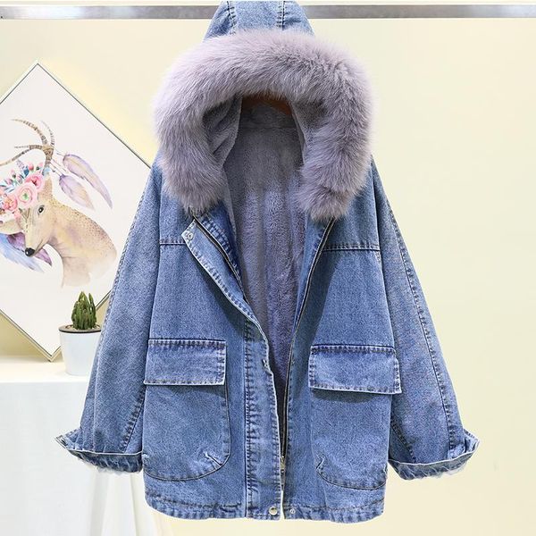

2020 winter new korean style loose hooded real fur collar mid-length plus velvet denim cotton coat female fashion trend1, Black