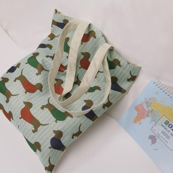 

cute dogs printed linen cotton tote eco linen bag daily use reusable shoulder bags dropshipping